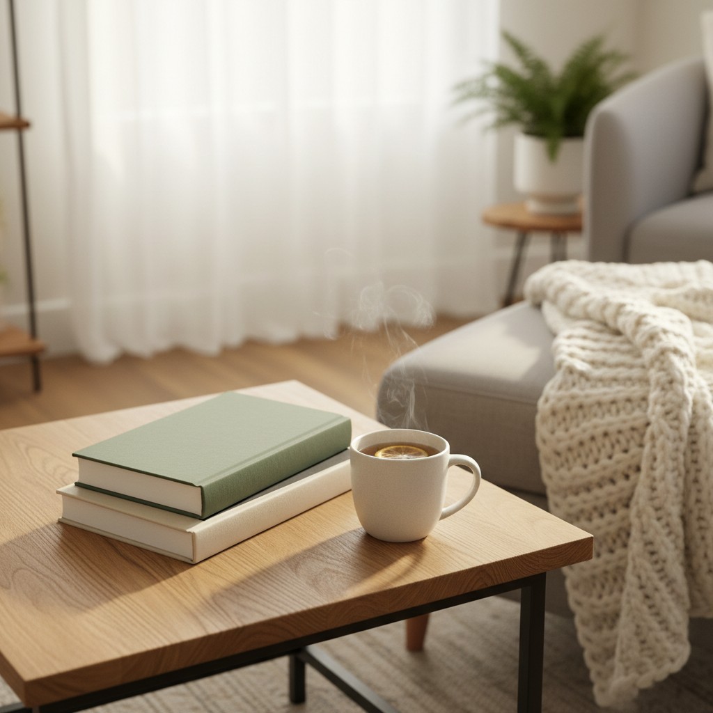 A cozy living room setting with a stack of books, a steaming cup of coffee, and a soft throw blanket on a rustic wooden ta...