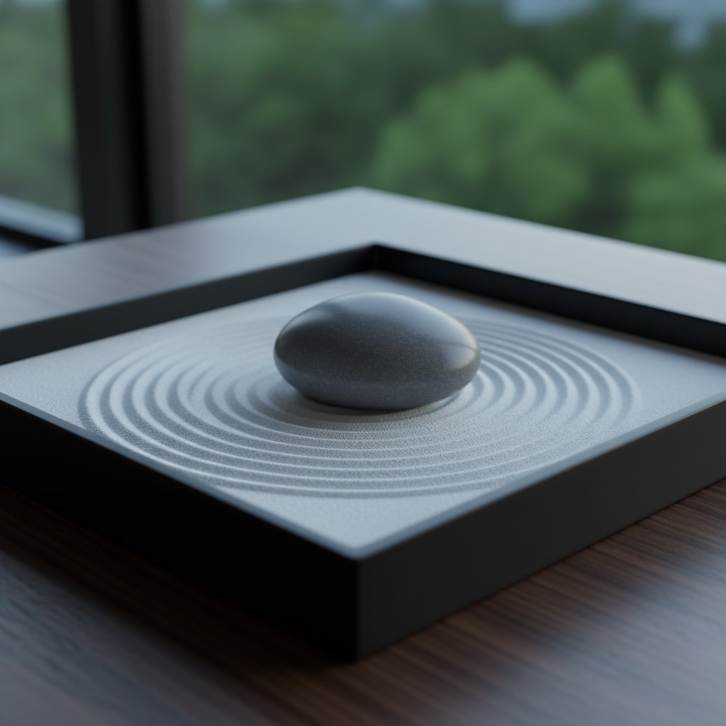 A serene setting, featuring a round stone with concentric circles of fine sand, likely representing a zen garden, set agai...