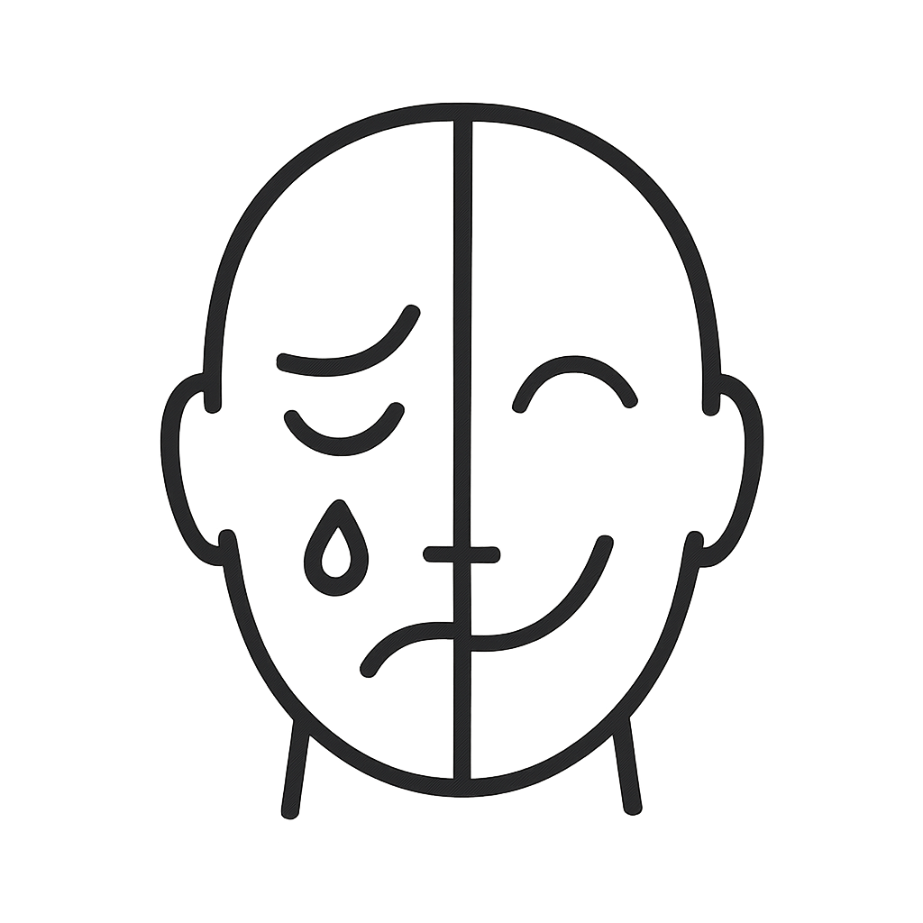 A simple line drawing face with neutral expression: a round frame, eyebrows, eyes, and mouth.